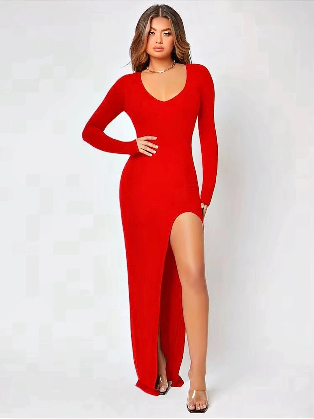 SHEIN SXY Red Solid Split Thigh Scoop Neck Slit Maxi Dress XS NWT